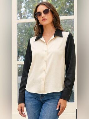 Karen Kane Long-sleeve satin cream & black colorblock shirt